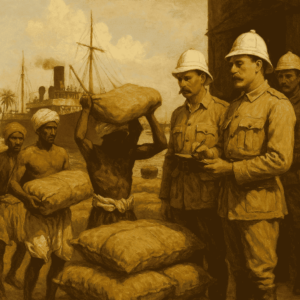 مشهد من الاستعمار الاقتصادي في القرن 19، حيث تُظهر اللوحة تَسخير القوى الاستعمارية للأيدي العاملة المحلية في تحميل البضائع نحو السفن التجارية الأوروبية، مما يعكس العلاقة غير المتكافئة بين المُستعمِر والمُستعمَر في إطار التوسع الرأسمالي العالمي