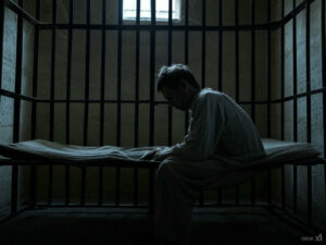 Un condamné à mort, silhouette solitaire dans l’ombre de sa cellule, perdu dans ses pensées avant l’aube fatidique, inspiré par 'Le Dernier Jour d’un Condamné' de Victor Hugo.