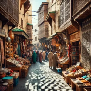 La médina de Fès – Une ruelle animée de la médina, où les habitants se croisent entre échoppes colorées, étals d'épices et architecture traditionnelle marocaine.