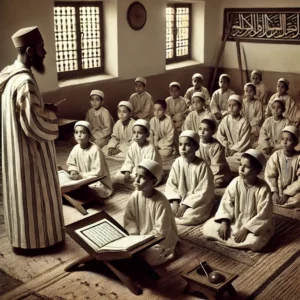 L’école coranique (Msid) – Des jeunes garçons assis en tailleur, récitant le Coran sous l'œil attentif de leur fqih, dans un cadre sobre et traditionnel.