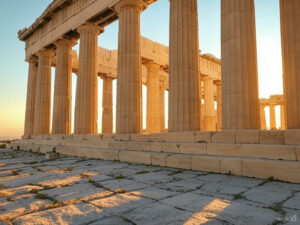 Les colonnes majestueuses du Parthénon au coucher du soleil, illuminées par une lumière dorée, évoquant l’héritage grandiose de la mythologie grecque et des récits tragiques antiques.