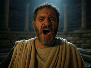 Oedipe, aveuglé et désespéré, tenant un sceptre brisé, dans un théâtre antique grec, avec une atmosphère sombre et tendue, illustrant sa lutte contre le destin.